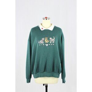 Vintage 90's STYLE STUDIO Dark Green Cat Applique Fleece Sweatshirt, Size L